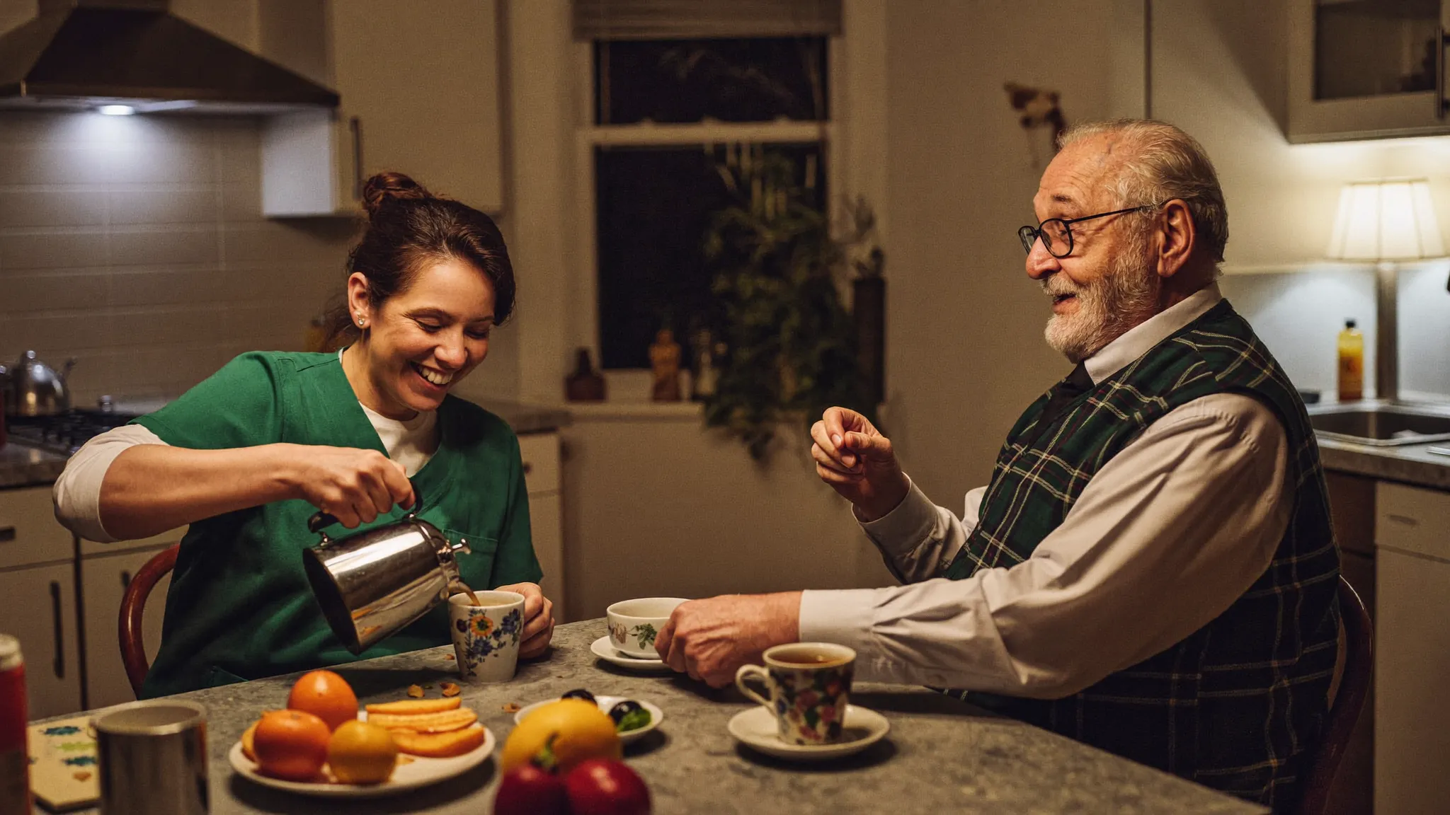 A care worker in a green tunic making cocoa at night while an older man in a dressing gown laughs at the kitchen table