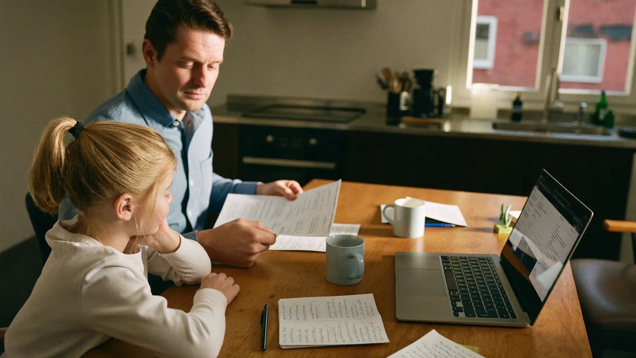 An adult daughter and her father comparing care brochures with a handwritten checklist and a laptop at the kitchen table
