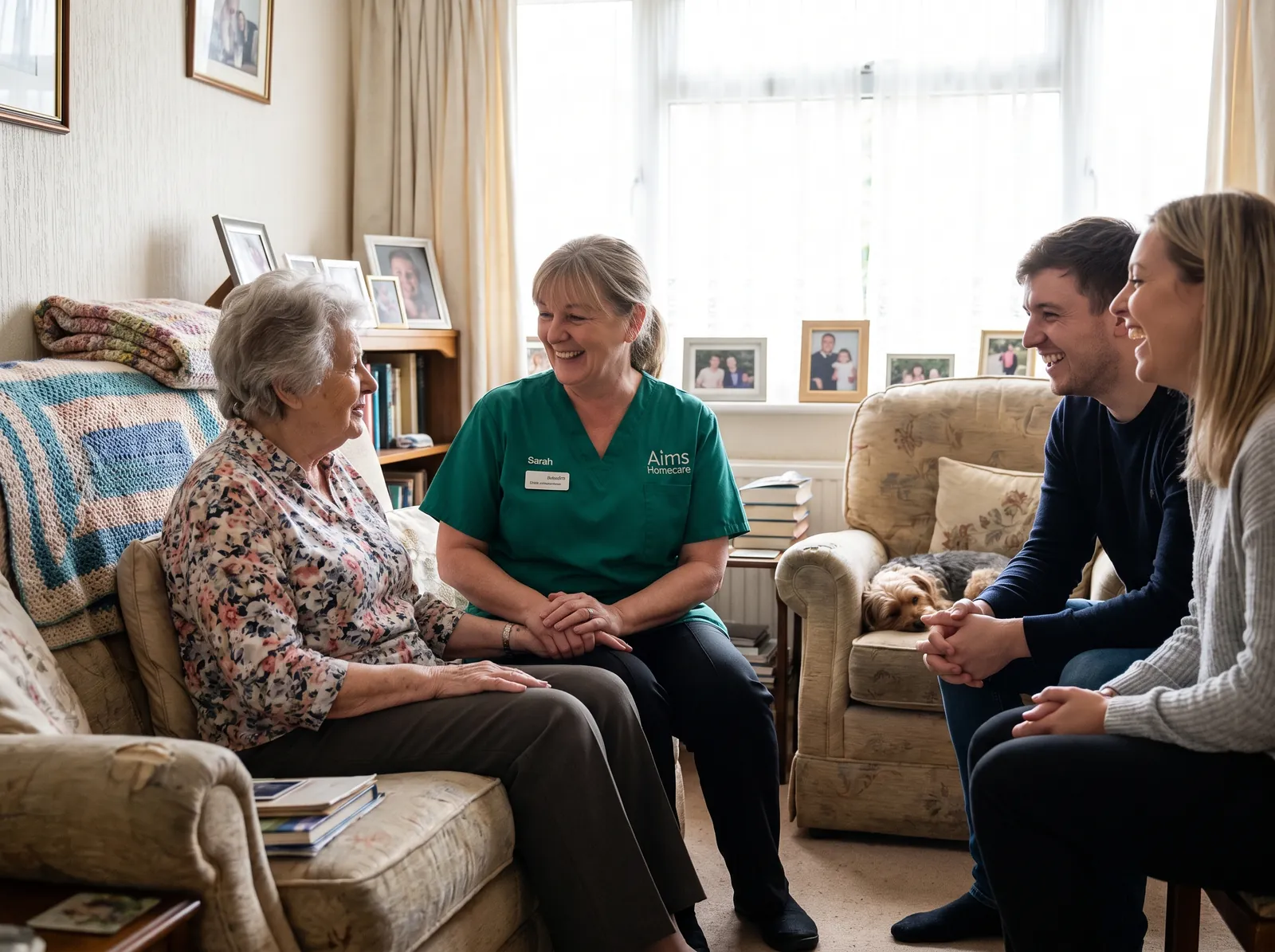 An Aims carer supporting an elderly client at home near Ewell, Surrey