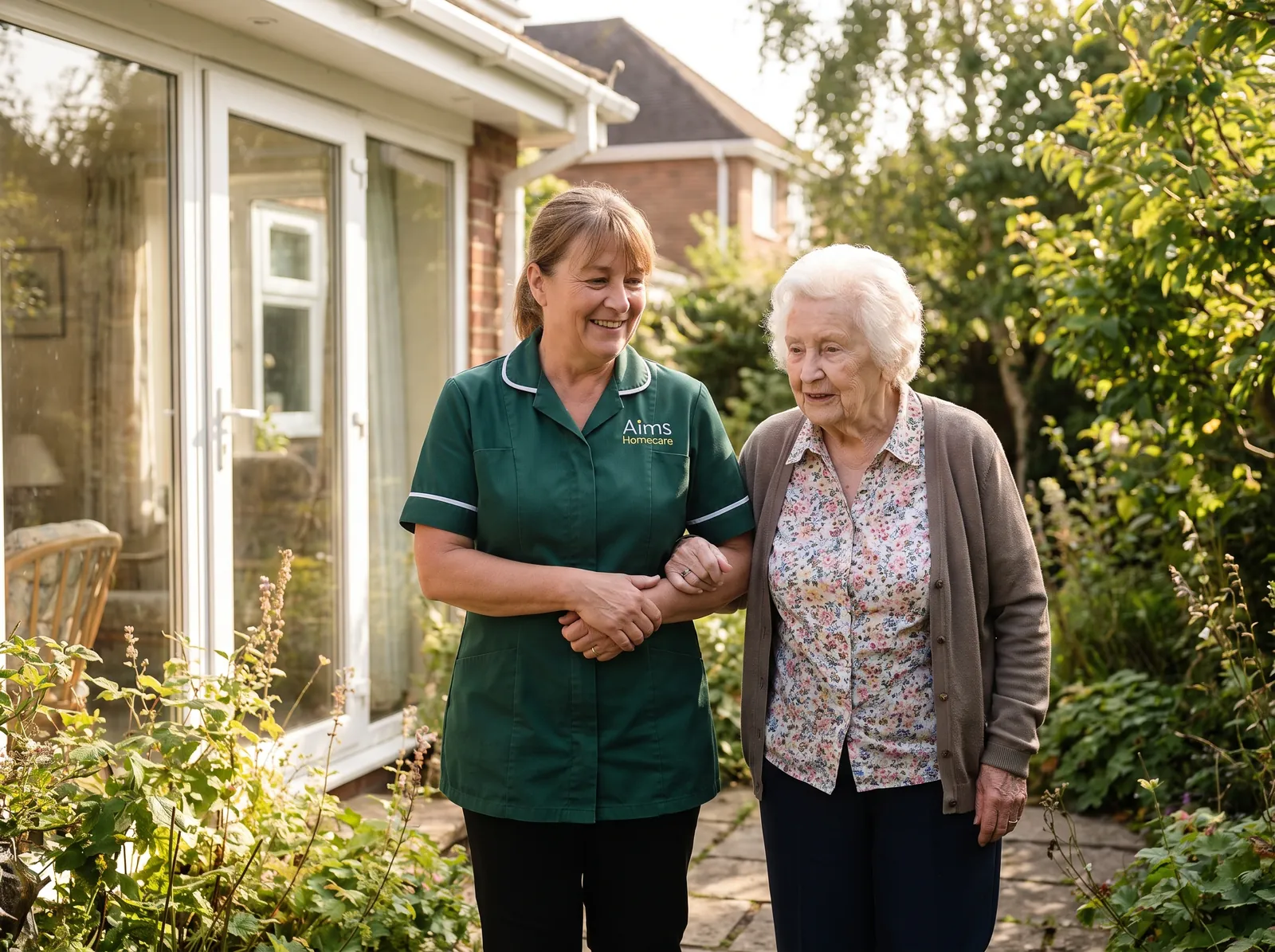 An Aims carer walking with an elderly lady through her garden