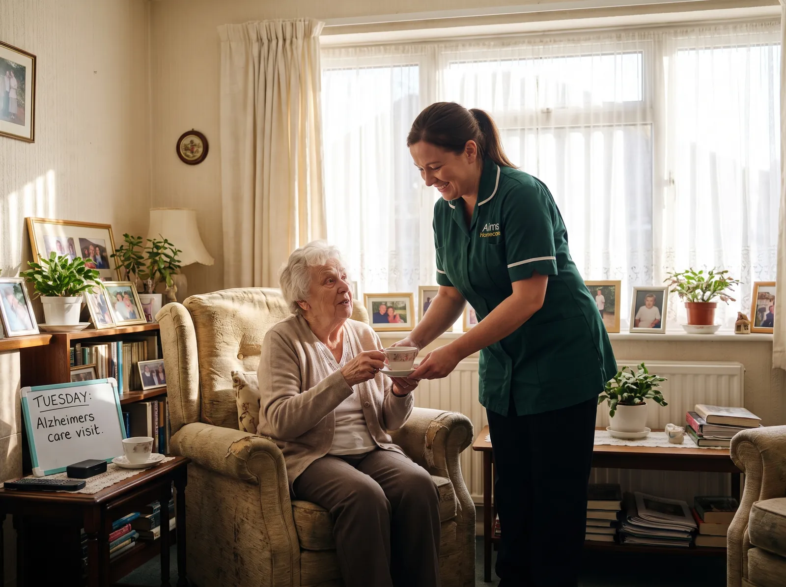 An Aims carer helping an elderly gentleman with his weekly medication at home