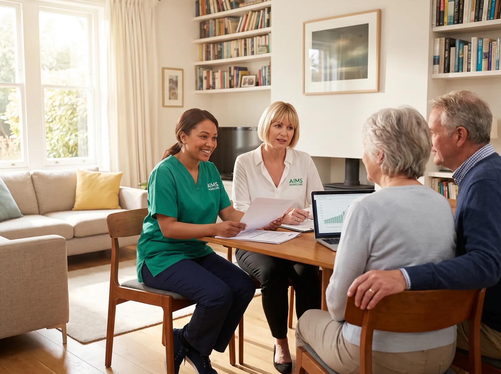 An Aims care coordinator discussing a care plan with a family at home in Surrey