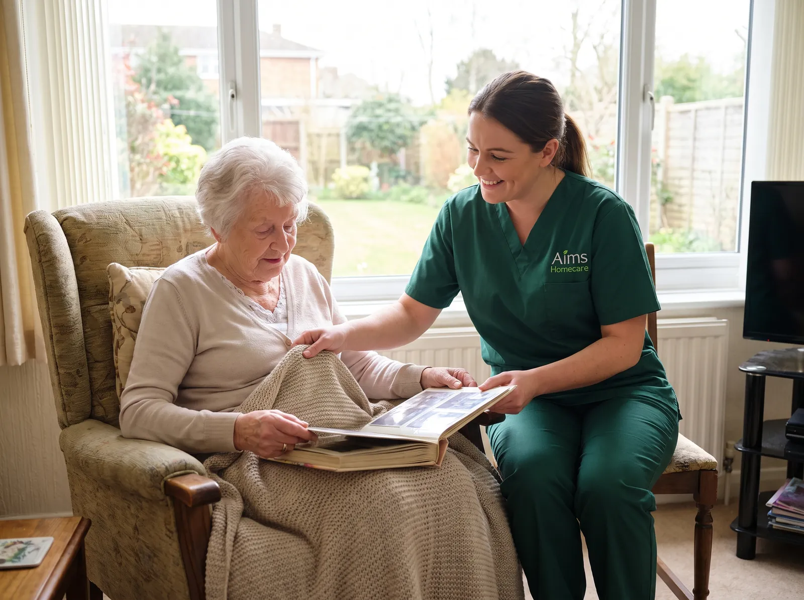 A carer encouraging an elderly lady as she prepares food in her own kitchen