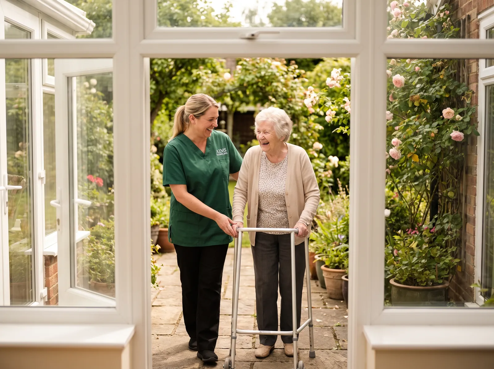 An Aims carer supporting an elderly client at home near Staines-upon-Thames, Surrey